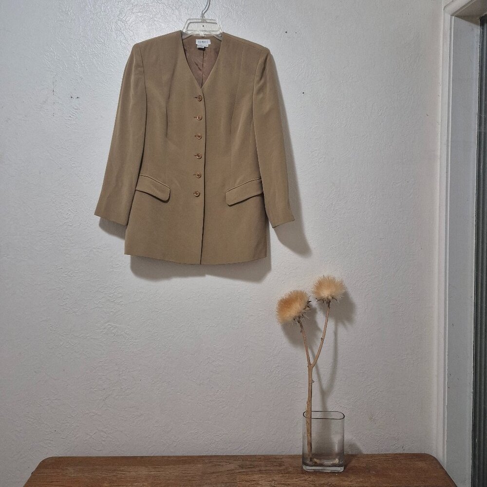 Vintage 90s Minimalist Silk Camel/Tan Collarless Button Front Blazer  Workwear